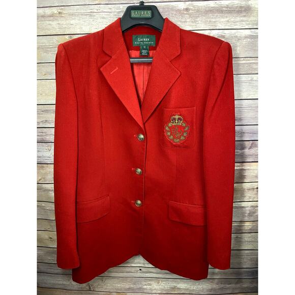 Ralph Lauren Blazer Women’s 12 Red Crest Gold Button Vintage Designer Jacket - Picture 1 of 16